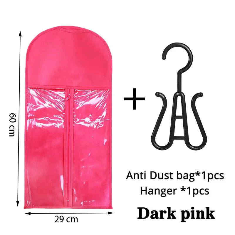 Dark pink anti dust bag for wig storage with a metal hanger