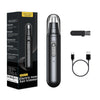 A black electric nose hair trimmer with a detachable guard and charging cable shown next to its packaging.