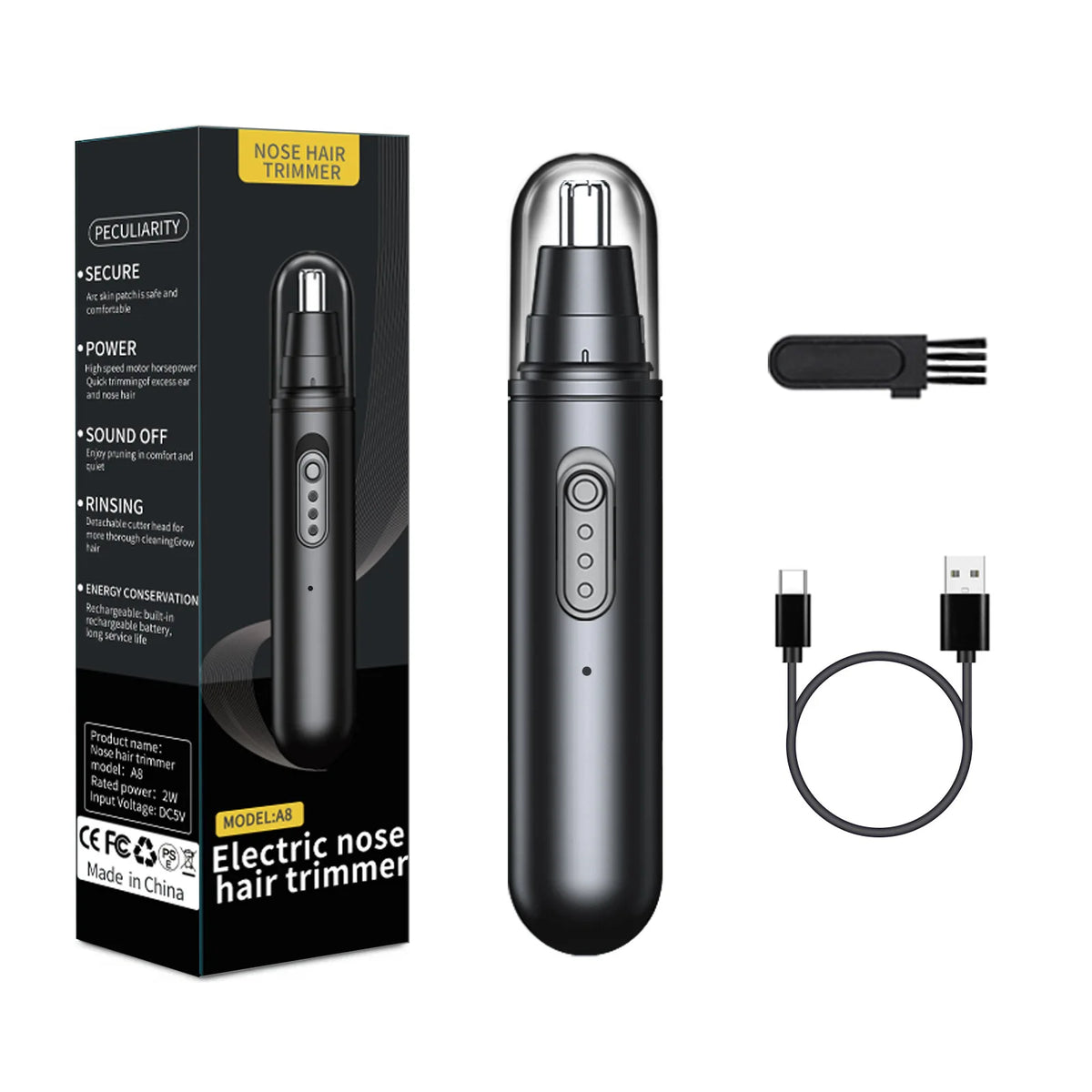 A black electric nose hair trimmer with a detachable guard and charging cable shown next to its packaging.
