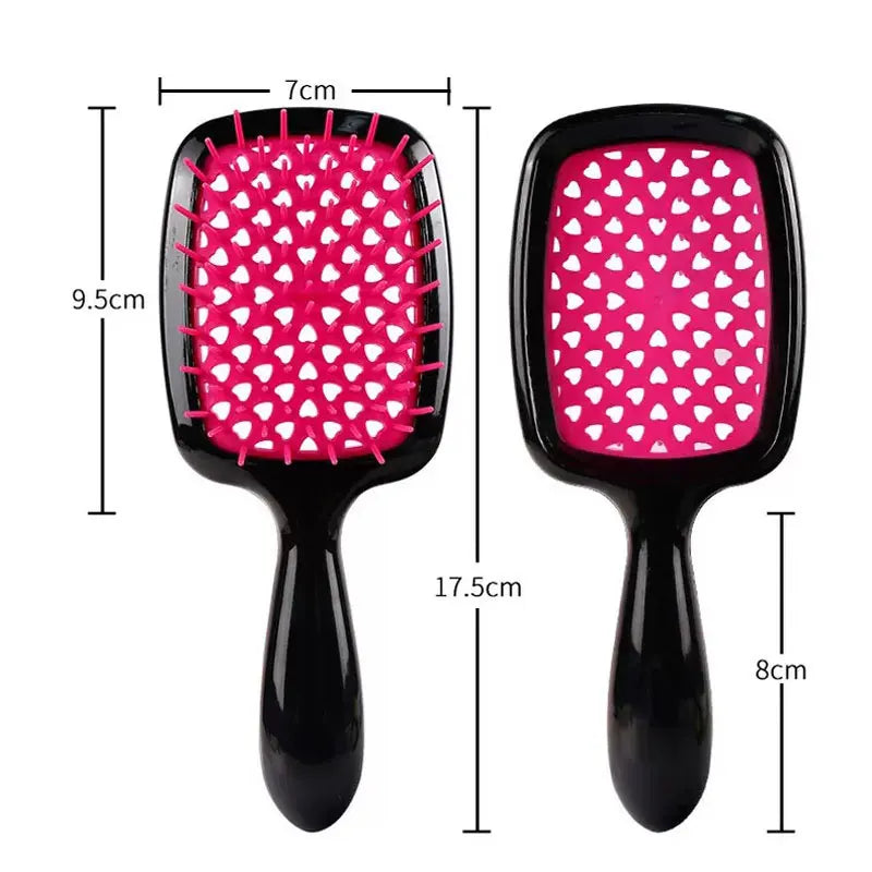 Black anti-static air cushion hair comb and scalp massager with pink bristles