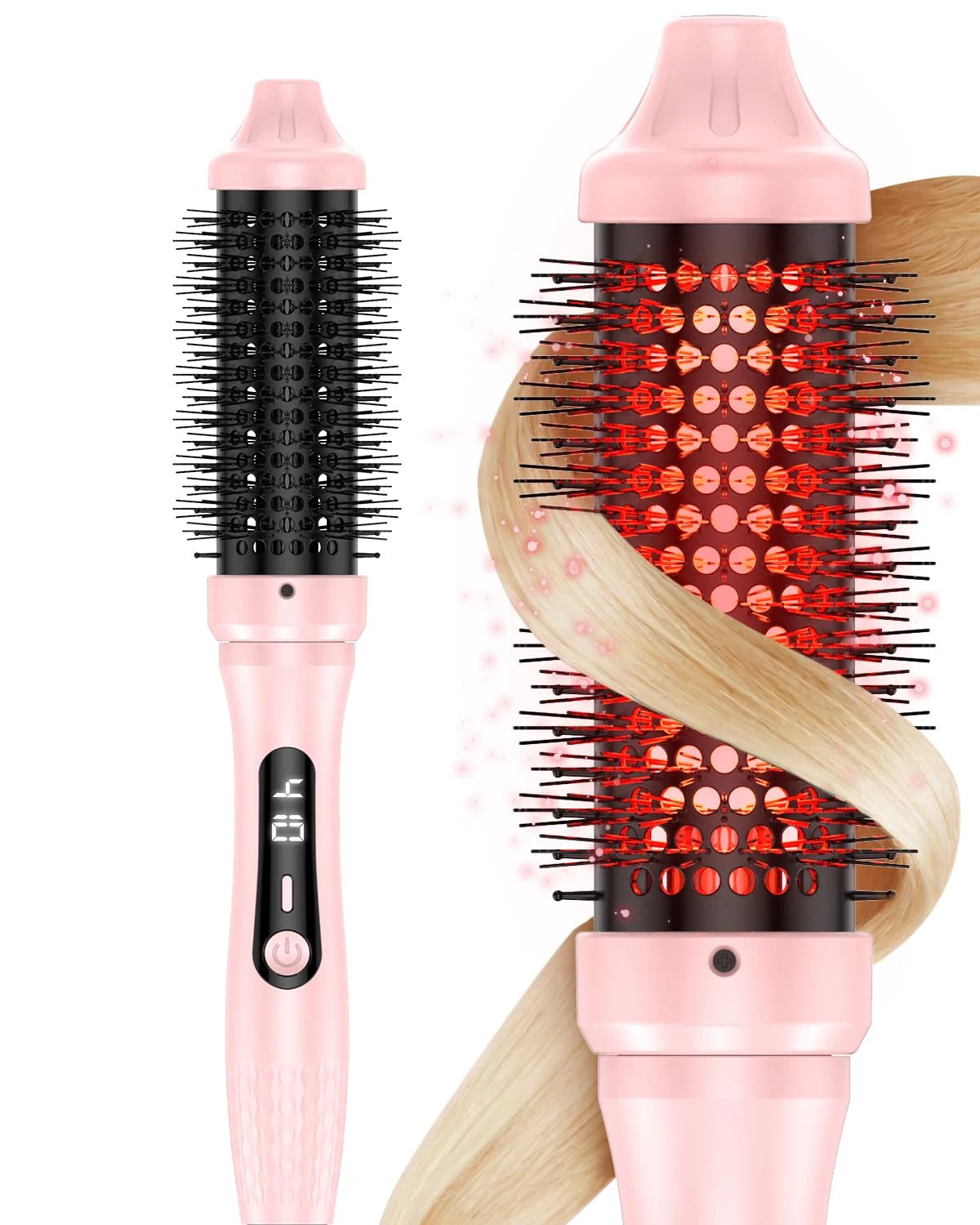 A pink infrared heated round brush with black bristles is shown next to a wooden curling wand.