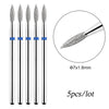 A set of five diamond nail drill bits with silver and blue accents shown next to a magnified view of one bit.