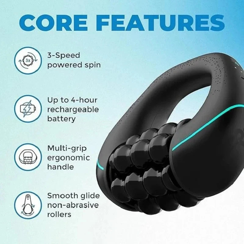 Black electric massager with a multi-grip ergonomic handle and smooth glide non-abrasive rollers