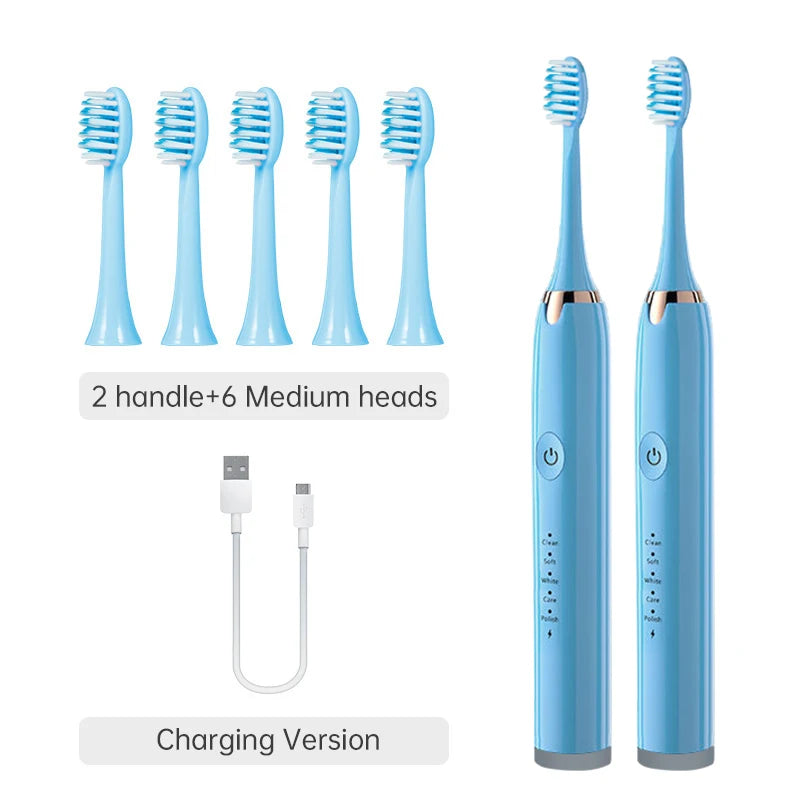 Un juego de 8 cepillos de dientes eléctricos ultrasónicos azules, incluyendo 2 mangos y 6 cabezales medianos, con la versión 