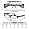 Une paire de lunettes de lecture noires multi-lentilles avec protection anti-lumière bleue et différentes options de degrés.