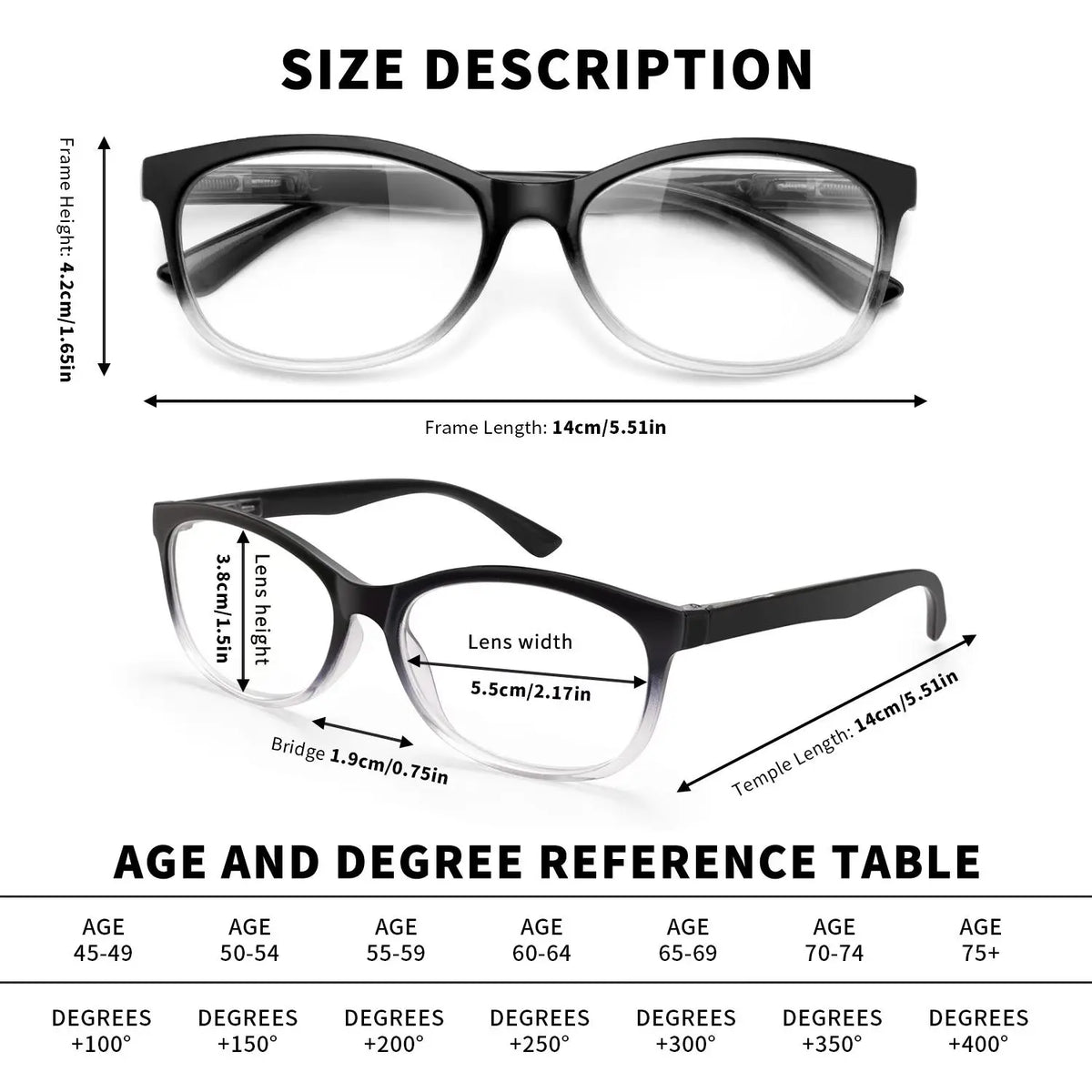 Une paire de lunettes de lecture noires multi-lentilles avec protection anti-lumière bleue et différentes options de degrés.
