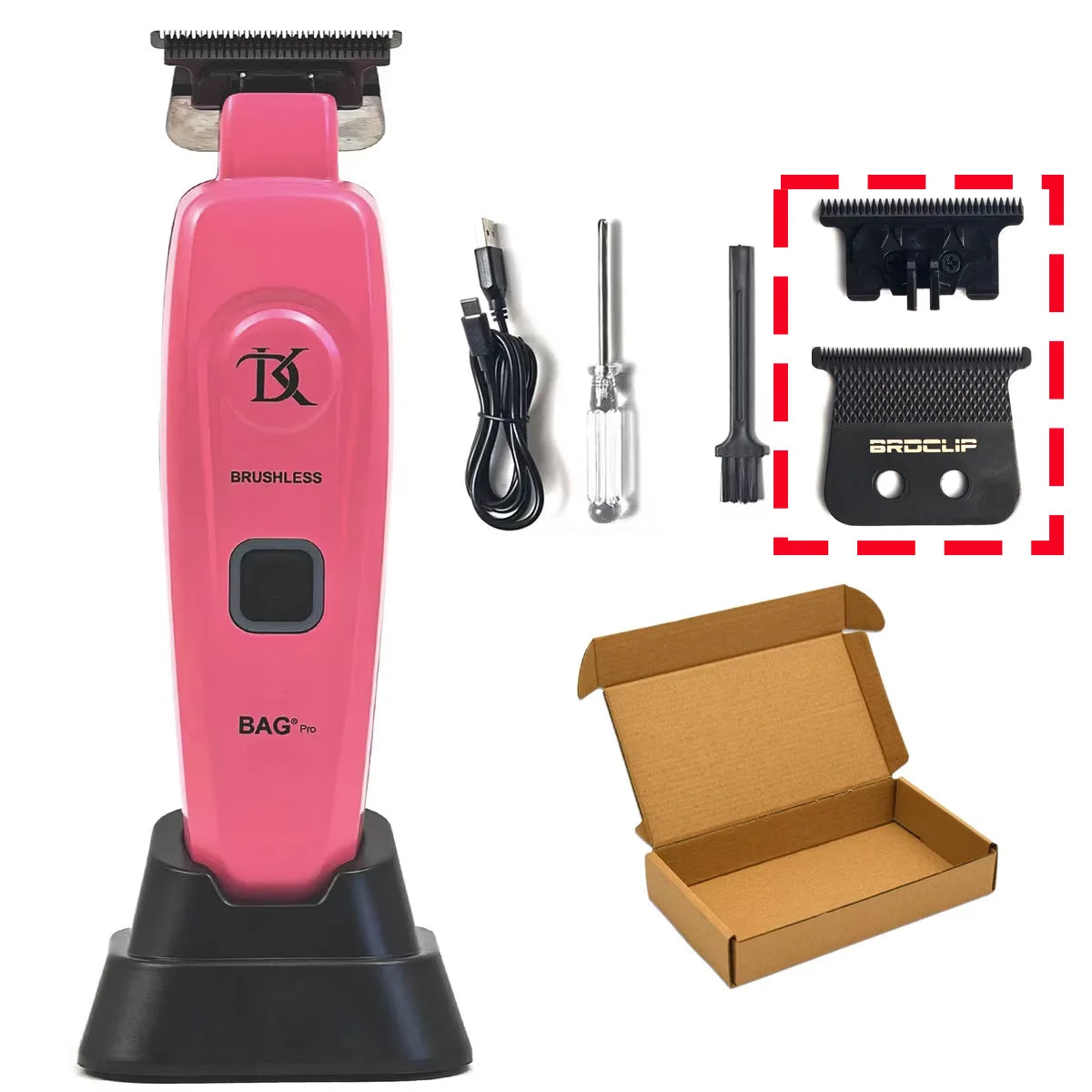 A pink brushless rotary hair trimmer kit with accessories shown on a white background.