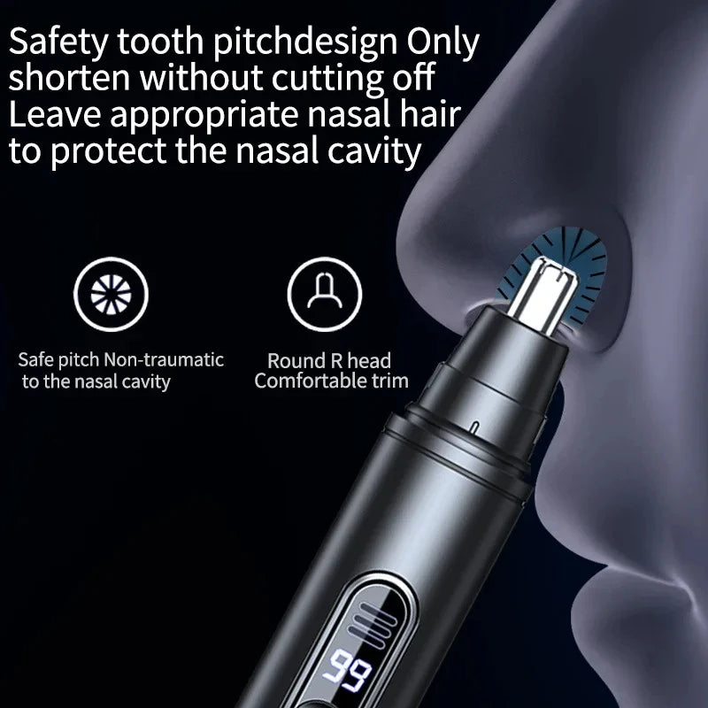 A close-up of a black nose hair trimmer being used on a person's nose.
