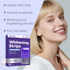 A woman is applying whitening strips to her skin, showing benefits like lightening neck lines and improving roughness.