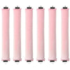 Five pink heatless hair curler curling rods standing vertically.