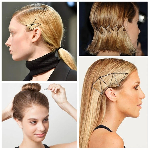 A woman shows off a blonde hairstyle featuring an intricate geometric hair accessory and a black turtleneck top.