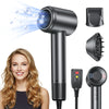 A black professional high-speed ionic hair dryer with various attachments shown next to a smiling woman.