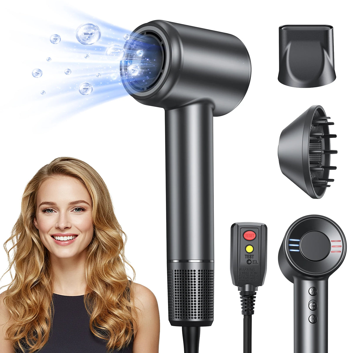 A black professional high-speed ionic hair dryer with various attachments shown next to a smiling woman.