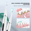A white electric dental calculus scaler and toothbrush set shown with close-up images of teeth cleaning.