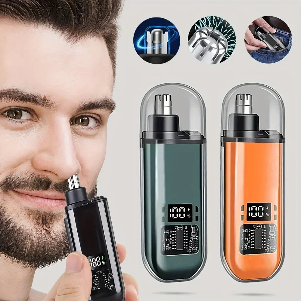 A portable electric nose ear hair trimmer shown next to two versions of the device in green and orange.