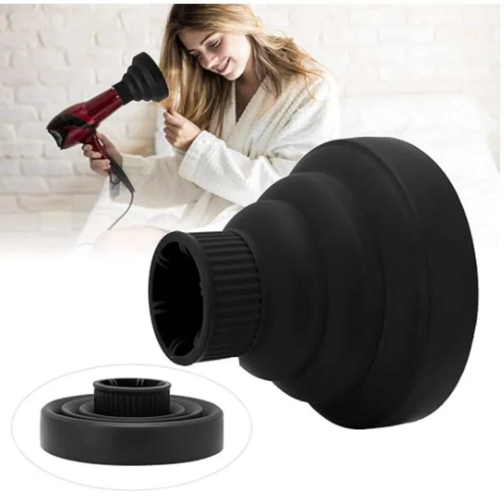 A black silicone diffuser cover for a hairdryer is shown next to a woman using a red hairdryer.