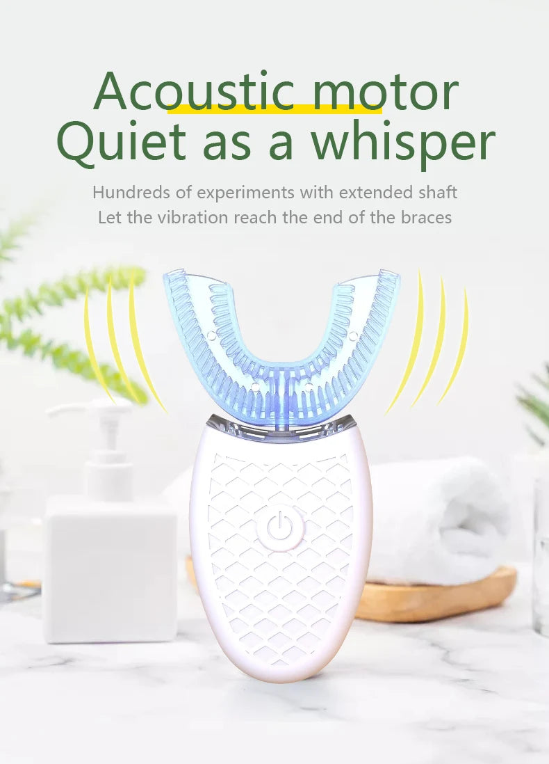 A white sonic electric toothbrush with a blue vibrating head is shown on a marble surface.