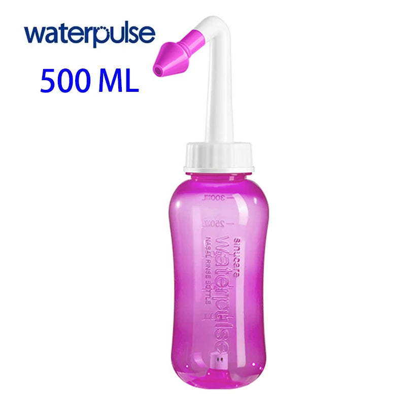 A purple waterpulse nasal irrigation bottle with a white cap and dispenser.