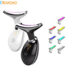 A white and black multi-mode LED facial and neck lifting massager with adjustable light colors.