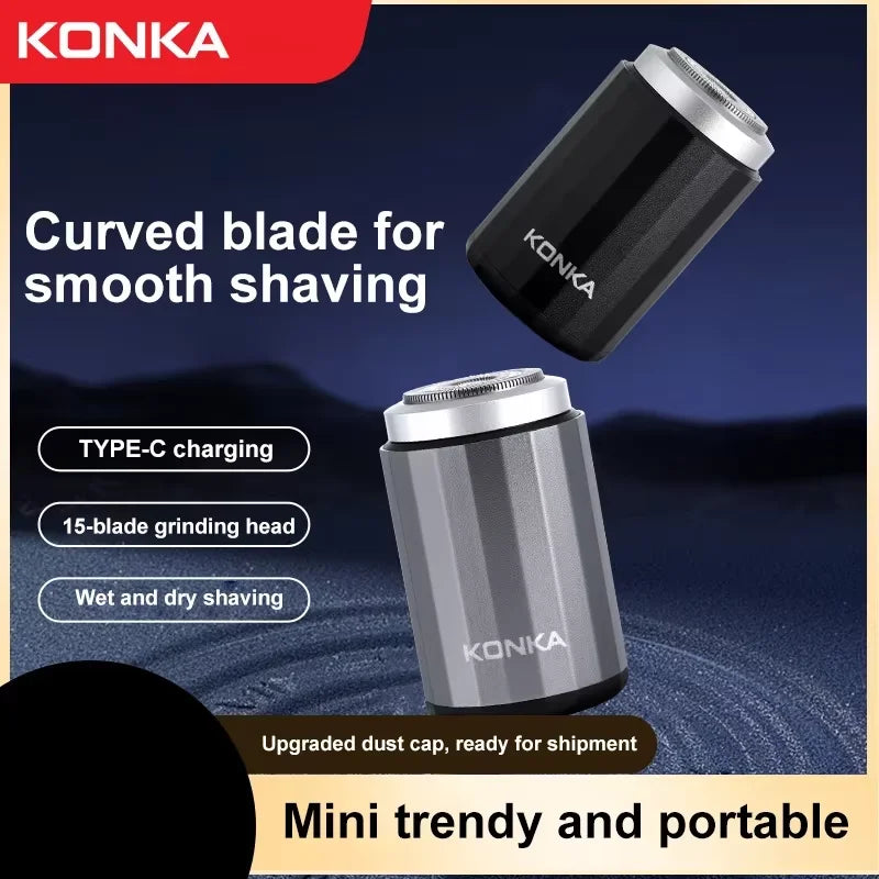 A black Konka electric shaver with a curved blade, shown against a dark background.