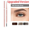 Gros plan d'un crayon à sourcils rose étiqueté #05 Smoky Gray avec diverses nuances.