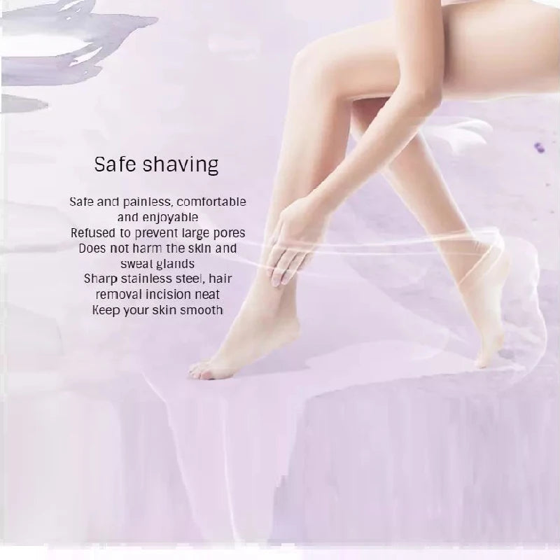 A model is shown using a safe shaving product on their leg, demonstrating smooth skin.