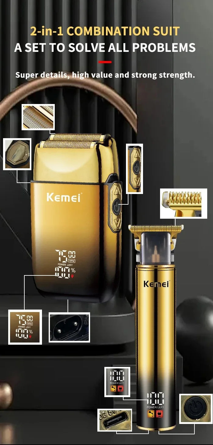 A 2-in-1 combination suit featuring a gold-colored electric trimmer kit with various attachments.