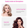 A model showcases long hair styled in a deep V shape, emphasizing volume and elegance.