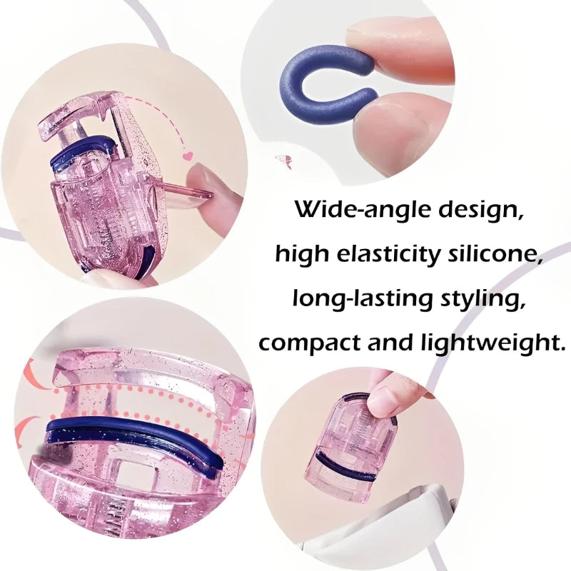 A set of pink and blue silicone mini eyelash curlers shown in various angles.