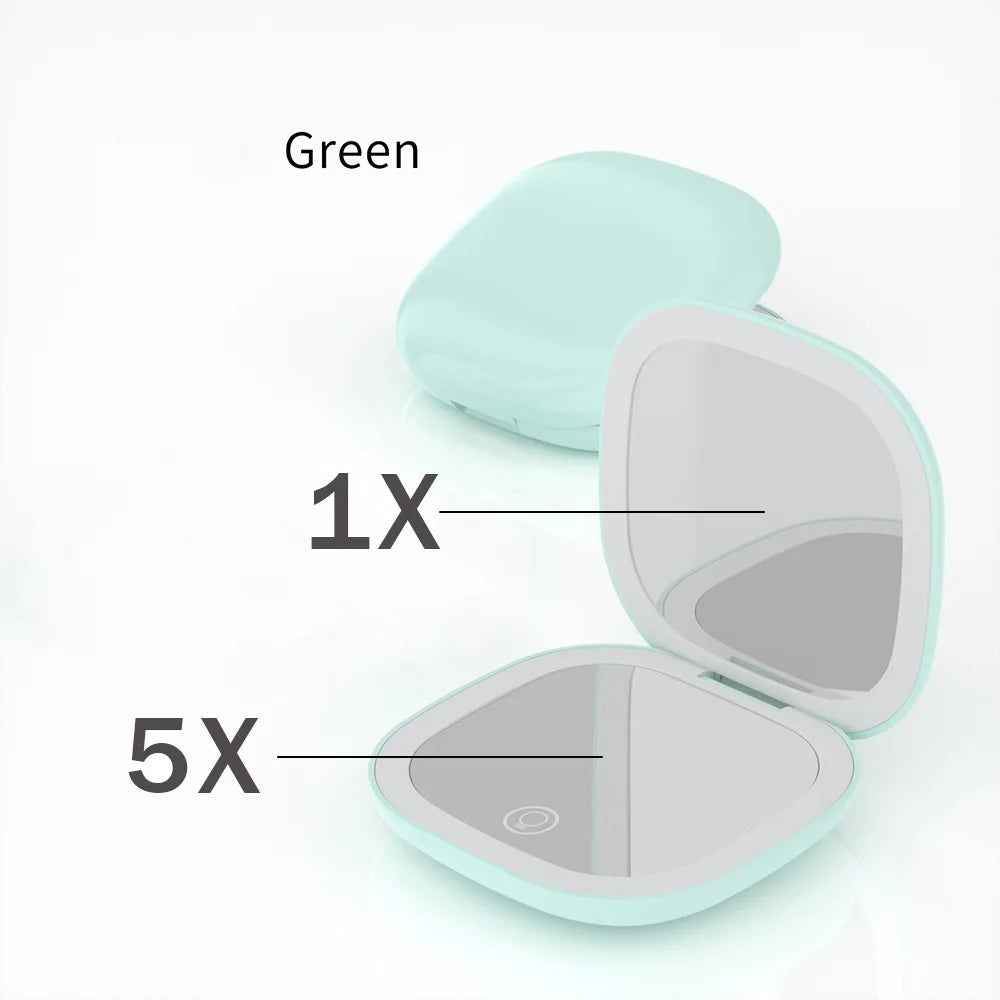 A light green compact LED makeup mirror showing 1X and 5X magnification options.