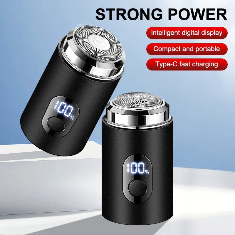 A black mini electric shaver with a silver head and digital display showing 100 percent battery life.