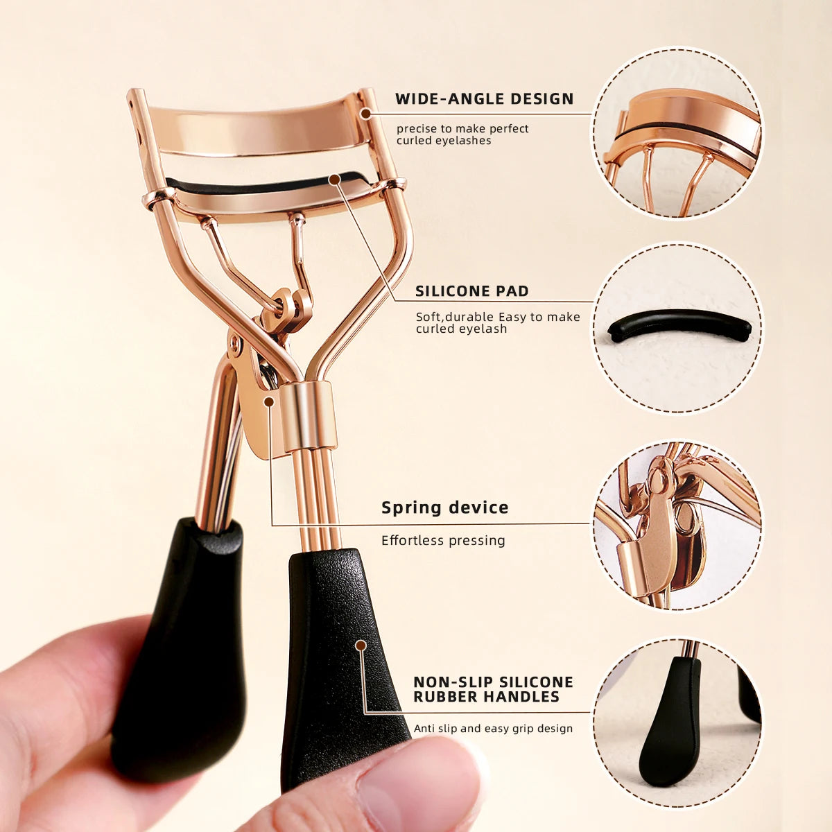 A set of professional stainless steel eyelash curlers with silicone pads and rubber handles shown in use.