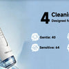 A white portable water flosser oral irrigator is shown next to text detailing four cleaning modes for daily oral care.
