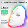 A white facial mask is shown with a purple light effect, demonstrating its portable rechargeable design and treatment feature