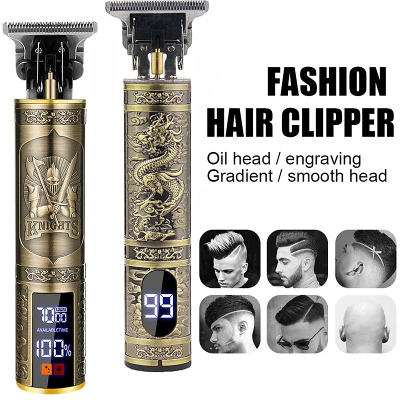 A set of fashion hair clippers featuring oil heads and engraving options in gold and black.