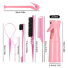 A pink 7-in-1 hair styling tool set featuring a comb, brush, and sprayer combo with various sizes.