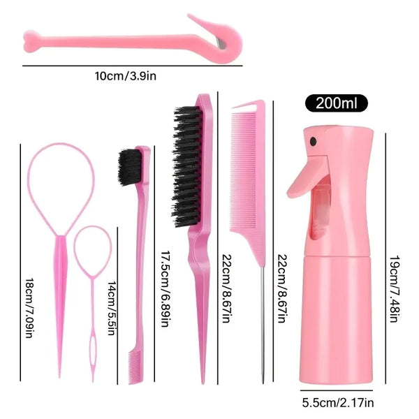 A pink 7-in-1 hair styling tool set featuring a comb, brush, and sprayer combo with various sizes.