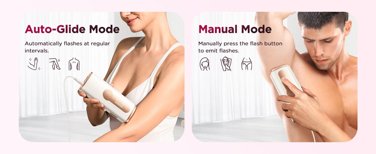 Demonstration of an IPL pulsed light hair removal device in both auto-glide and manual modes.