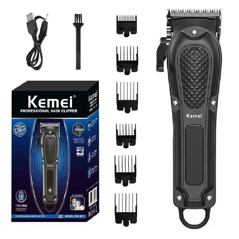 A black professional electric hair clipper trimmer set including the main unit and various attachments.