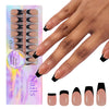 A set of 150 press-on almond nails in rich coffee black shown on a packaging card and displayed on a hand.