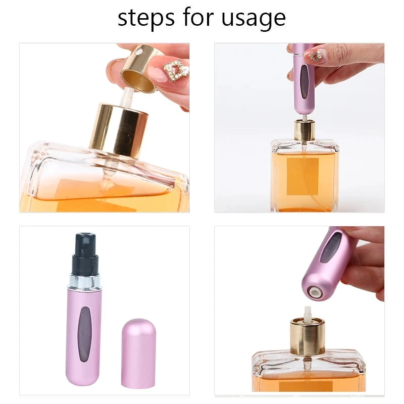 Steps for usage showing a portable refillable perfume bottle being used to dispense liquid into a glass bottle.