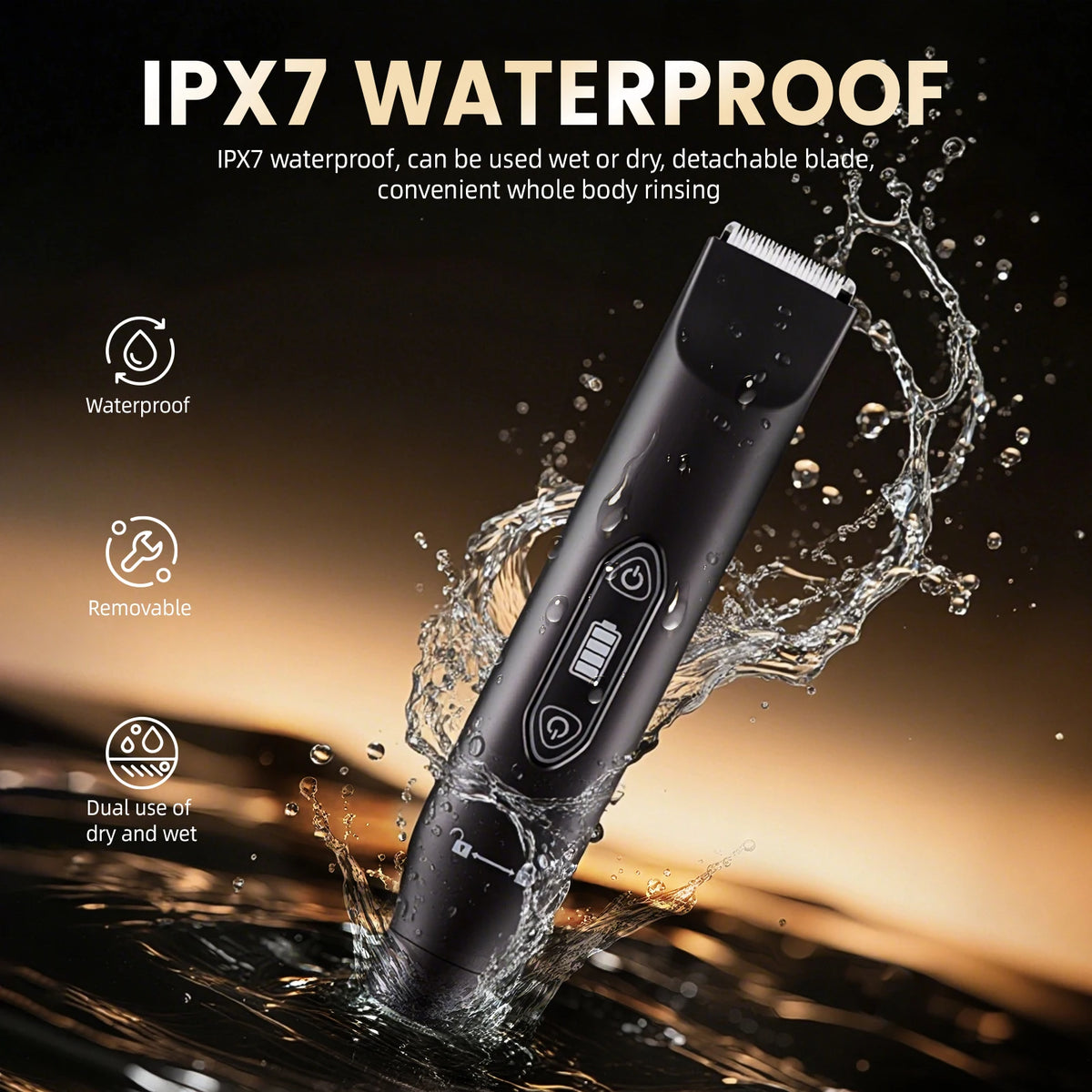 A black electric body hair trimmer is shown being rinsed under water, demonstrating its IPX7 waterproof feature.