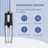 A black and clear portable dental water flosser with an ergonomic handle and various mode selection options.