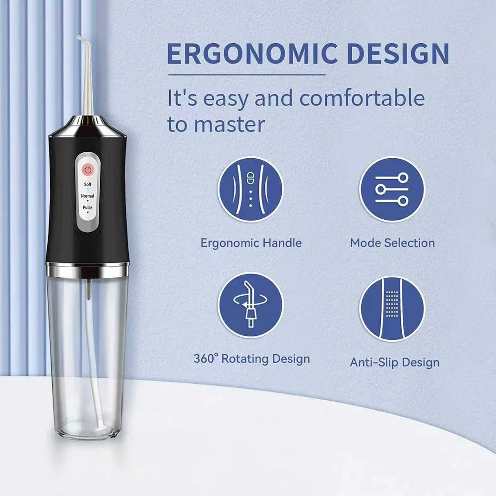 A black and clear portable dental water flosser with an ergonomic handle and various mode selection options.