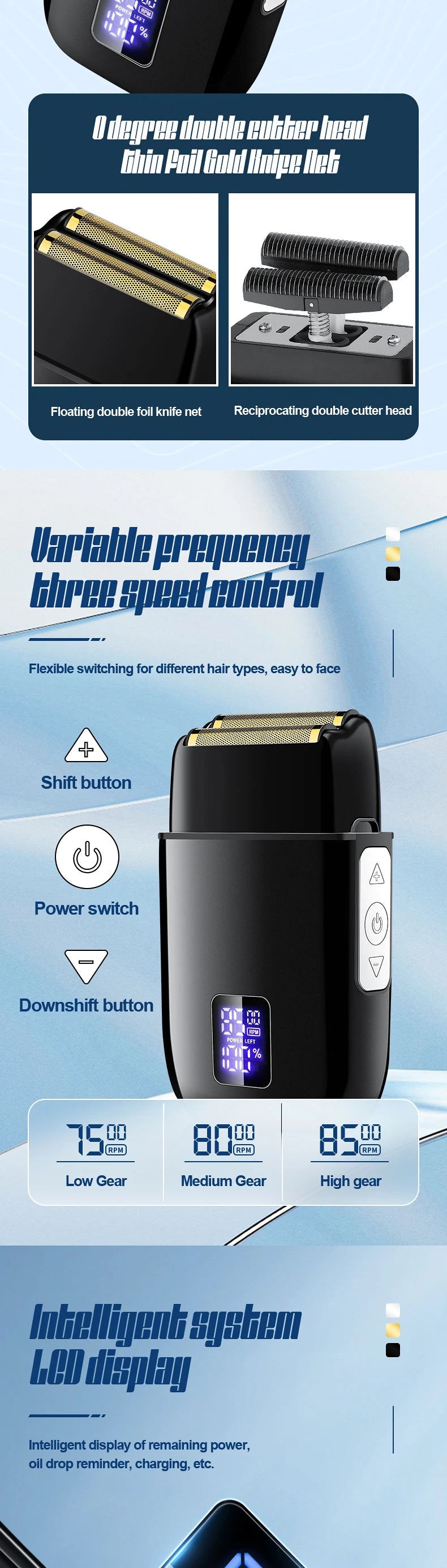 A black electric hair clipper and shaver set with a lid showing double cutter heads and speed controls.