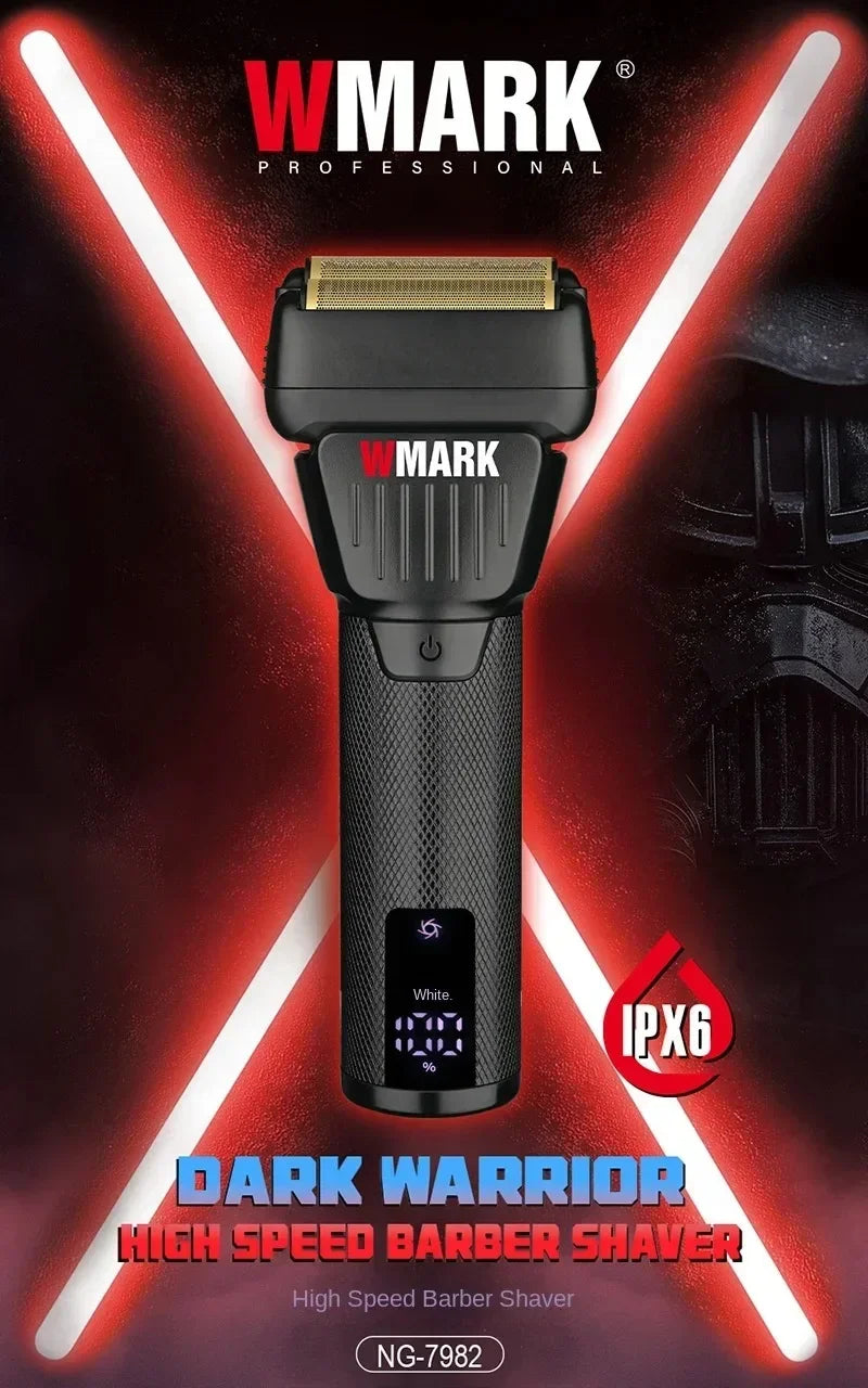 A black Dark Warrior high-speed barber shaver with a gold-colored head and an IPX6 rating.
