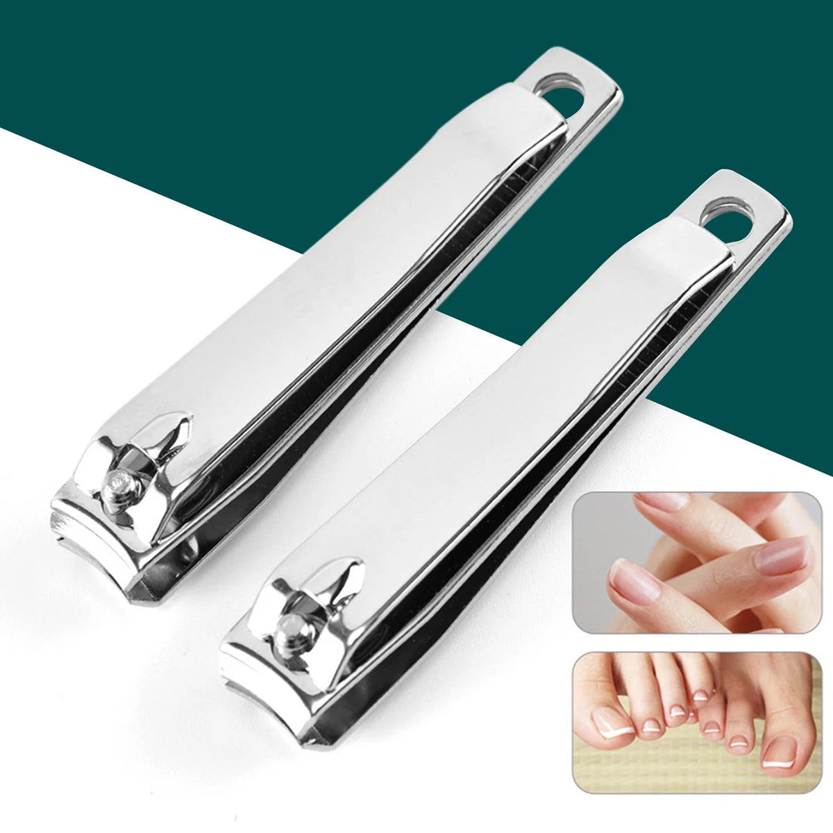 A pair of shiny stainless steel nail clippers shown against a dark green and white background.