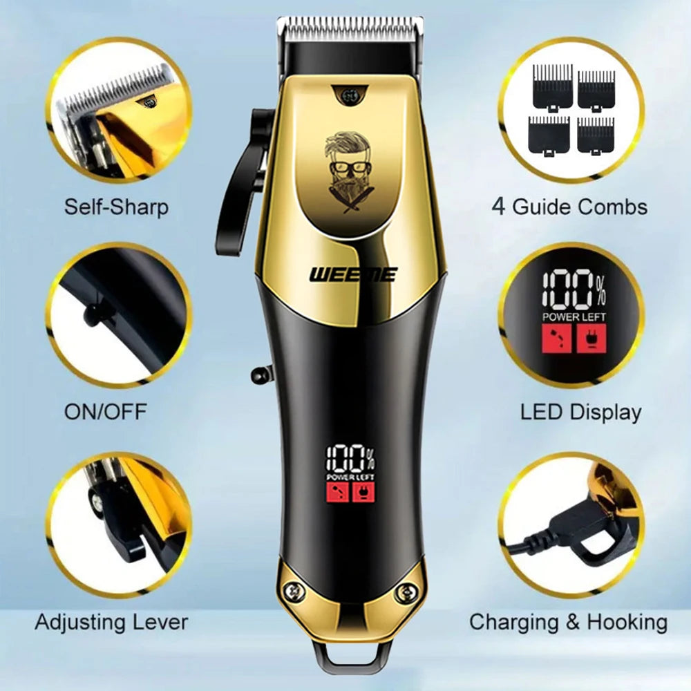 Kit de máquina eléctrica para pelo y barba en dorado y negro, mostrando funciones como afilado automático, interruptor de enc