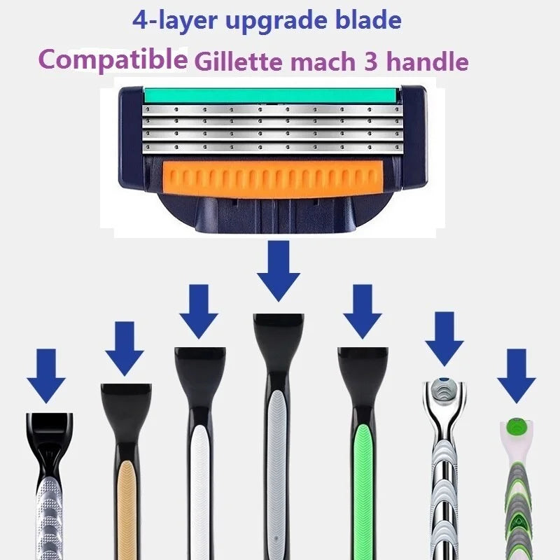 A set of four replacement razor blade heads for a Gillette Mach 3, showing various sizes and designs.