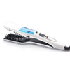 A white professional dual voltage hair straightener iron with black teeth and a blue heating element.